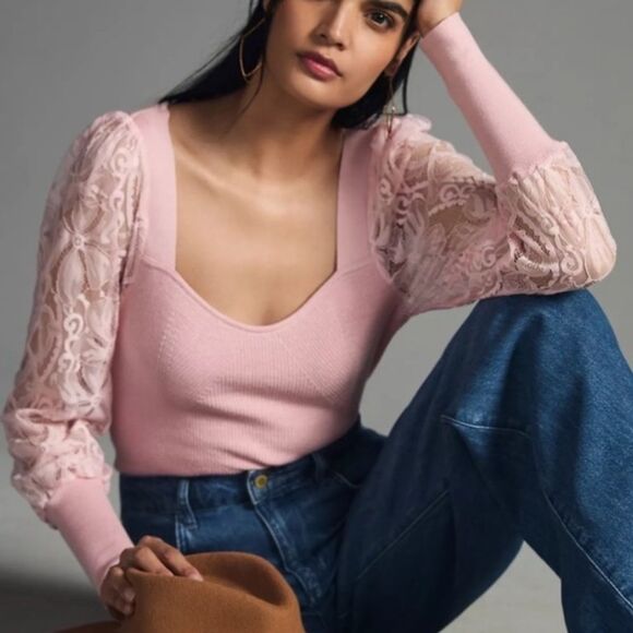 Anthropologie Baby Pink Ribbed Lace Sleeve Sweater Top - Picture 1 of 7